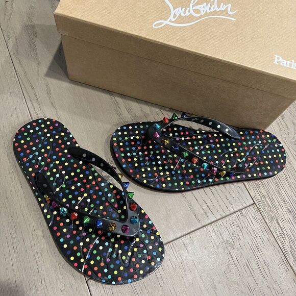 Christian Louboutin Loubi Flip Spikes Donna Flat Multi Thong Flip Flop Sandal 37 - Picture 1 of 14
